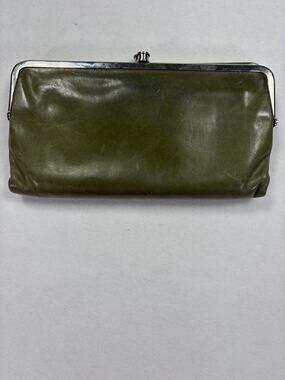 HOBO International Olive Green Leather Frame Wallet Kiss Lock Clutch Organizer